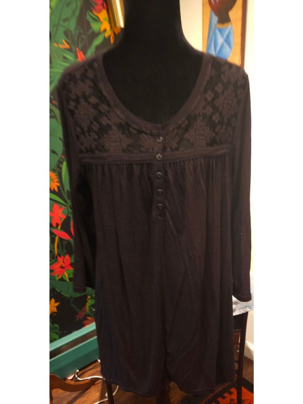 Terra & Sky Womens Black Soot Button Front Top With Lace Yoke 0X 14W Rayon Blend